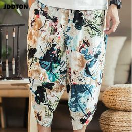 JDDTON Men's Summer Linen Pattern Print Pants Fashion Wide-Legged Baggy Casual Loose Big Pocket Pants Drawstring Trousers JE027 X0723