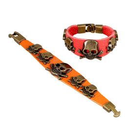 Tennis Trendy Red/Orange Genuine Leather Bracelets Antique Bronze Skull Charms Cowhide Bangles Party Club Wristbands Jewellery Findings