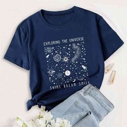 Summer Women T Shirt Plus Size 100% Cotton Universe Space Stars Print Short Sleeve Oversized Tshirts Casual Graphic Tee Tops 210623