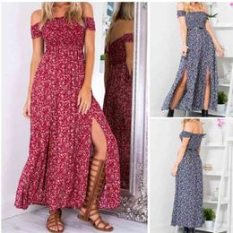 Women Dress Off-the-Shoulder Floral Print Bodycon Club Party Long Split Summer Sundress High Waist Fashion Clothing 210522