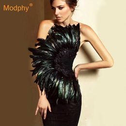 Summer Sexy Black Strapless Bandage Dress Sleeveless Feather Bodycon Vestidos Club Celebrity Party 210527