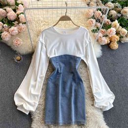 Spring Vestidos Female Round Neck Puff Sleeve Slim Slimming Denim Stitching Mini Dress C586 210506