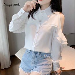 Women Temperament Korean Fashion Loose Reffles Turn-down Collar White Blouse Autumn Off-Shoulder Chiffon Shirt Blusas 10844 210518