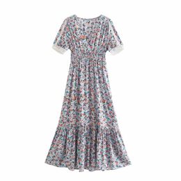 PUWD Sweet Women O Neck Draw Back A-line Dress Summer Fashion Ladies Beach Style Female Printed Midi 210522