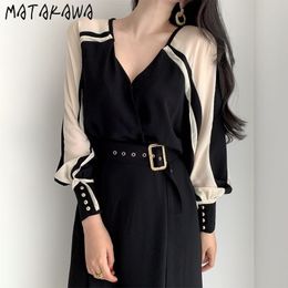 MATAKAWA Spring V-neck Dress Stitching Contrast Colour Women Dress Micro-transparent Lantern Sleeve Femme Robe with Belt 210513