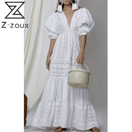 Frauen Kleid elegante weiße Spitze Deep V Hals Puff Ärmel Vintage High Tailled Hohlausgabe Maxi ES 210513