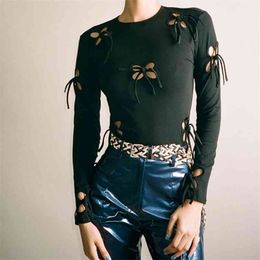Kayotuas Women T-Shirt Print Lace-Up Slim Fit Skinny Hollow Out Bandage Casual O-Neck Black Fashion Streetwear 210522