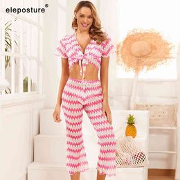 Sexy Bikini Cover Up Women Two Pieces Beach Short Sleeve Top And Long Pants Lady Swimsuit -s Beachwear 210521