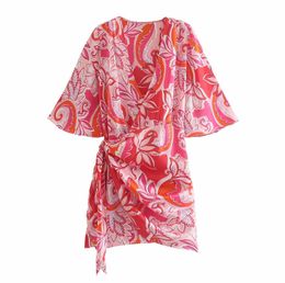 FABPOP Women Vintage V Neck Totem Floral Print Pleat Knotted Kimono Mini Dress Female Chic Short Sleeve Vestidos GB526 210709