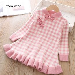 Baby girl sweater autumn and winter thick warm dress girl rabbit fur knitted sweater dress Chinese style retro cheongsam dress 211224