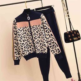 Women Leopard Print Zipper Long-sleeved Cardigans + casual Pants 2pcs Knitting Tracksuits Stretchy Sporty Jumper Trousers Suit 210519