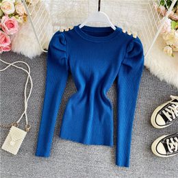 Autumn winter new design women's o-neck puff long sleeve knitted buttons patchwork candy Colour sweater tops jumper