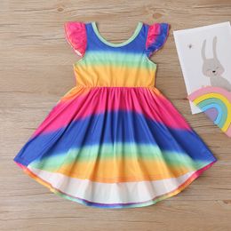 Baby Girl Clothes Colorblock Rainbow Striped Princess Dress Summer Short Sleeved Rainbow Dresses For Party And Wedding Costume Q0716