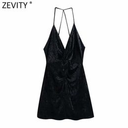 Zevity Women Sexy Deep V Neck Knotted Velvet Sling Mini Dress Femme Backless Spaghetti Strap Casual Slim Club Vestido DS4861 210603