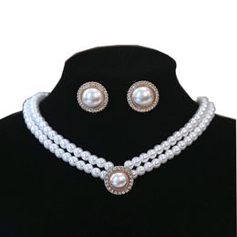 Creative Retro Gold Colour Necklace 1Pair Earrings Wedding Bridal Pearl Jewellery Set For Women Lady Female