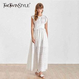 TWOTWINSTYLE Hollow Out White Dress For Women V Neck Short Sleeve High Waist Midi Dresses Female Summer Fashion Clothing 210517