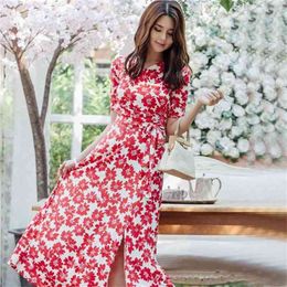 Maxi elegant print Dress korean ladies Summer Short Sleeve loose Red V neck party a line Dresses for women clothing 210602