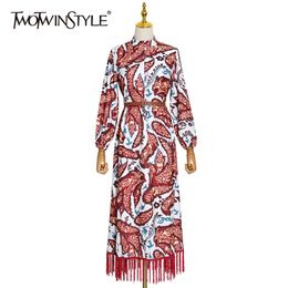 Printed Splicing Tassel Women's Dress Stand Collar Lantern Sleeve High Waist With Sashes Midi Dresses Female 210520