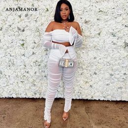 White Black Mesh Two Piece Set Long Sleeve Crop Top and Stacked Pants Sexy Birthday Club Outfits for Women D16-DF32 Y0625