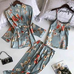 3PCS Women Pajamas Set Lady Emulation Silk Pyjama Sets Flower Sleepwear Female Leopard Satin Homewear With Removable Padded 210830