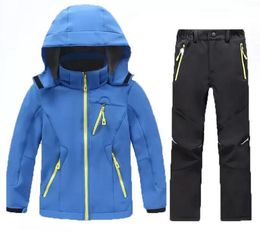 Çocuk Kış Polar Ceket Pantolon seti Erkek Kız Kayak Kamp Spor Takım Elbise Açık Su Geçirmez Çocuk Softshell Yürüyüş Giyim