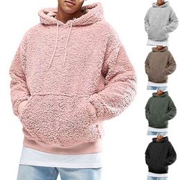 Fashion Men's Casual Solid Colour Hooded Long Sleeve Autumn Winter Warm Pocket Loose Sweatshirt Plush Fleece Hoodies Sportwear#g3 211217