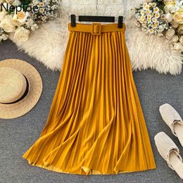 Neploe Spring Bright Colour Belted Pleated Skirt Solid Elastic High Waist Jupe Fashion Women Mid-calf Length Skirts 94543 210422