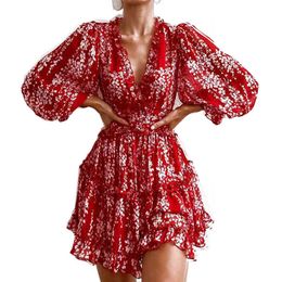 Ruffles Red Print Chiffon Mini Holiday Dress Women's Sexy Back Cut Out Beach Party Dress Frill Robe Dress For Lady 210514