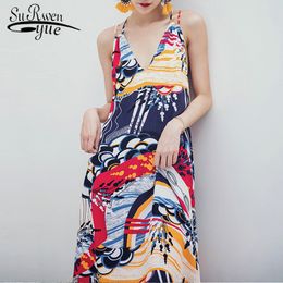 Beach dress women summer fashion Bohemian style sexy backless loose v-neck print chiffon clothes 3294 50 210521