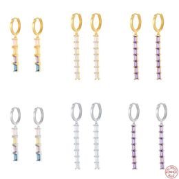 Trend Colourful Retangle Zircon Long Earrings For Girls Women 925 Sterling Silver Crystal Pendant Hoop Earring Jewerly Gift & Huggie