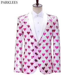 Stylish Heart Print Sequin Tuxedo Blazer Men One Button Shawl Lapel Mens Party Suit Jacket Wedding Groom Stage Singer Costume 210522