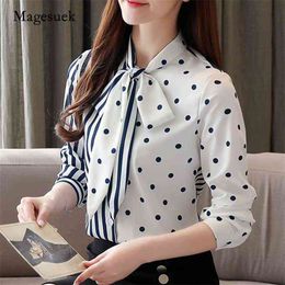 Autumn White Polka Dot Chiffon Women Blouse Casual Long Sleeve Striped Shirt Bow Button Cardigan Ladies Tops 10755 210518