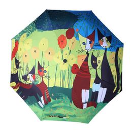 Famous Oil Painting Women Anti-uv Parosal Waterproof Umbrellas Cat paraguas triple folding umbrella UV