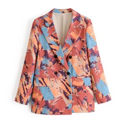 Autumn Stylish Print Blazer Coat Double Breasted Long Sleeve Pockets Female Blazers Jacket Outerwear Chic Tops 210430