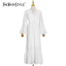 TWOTWINSTYLE Elegant Bowknot Lace Dress For Women V Neck Long Sleeve High Waist Maxi Dresses Female Fashion Clothing 210517
