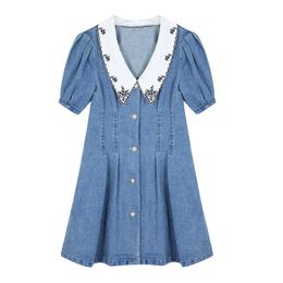 PERHAPS U Blue Denim Turn Down Collar Button Short Sleeve Puff Sleeve Empire Mini Dress Summer Casual D1840 210529