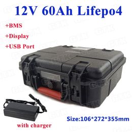 Power 12v 60ah lifepo4 battery pack built in bms with waterproof ABS case for backup power Xenon light boat inverter+5A charger