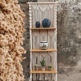 Tapestries Boho Macrame Wall Hanging Shelf 3 Tier Handmade Woven Tassel Wood Organiser Shelves Floating Hanger For Home Decor