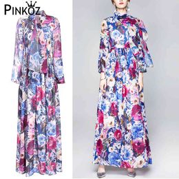 Designer Floor Length Summer Women Fashion Floral Print Wrist Sleevel Long Maxi Boho Dress Lady Holiday Dresses Vestidos 210421