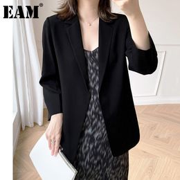 [EAM] Women Black Casual Sashes Brief Blazer Lapel Three Quarter Sleeve Loose Fit Jacket Fashion Summer 1DD7617 21512