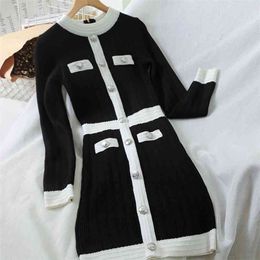 Autumn Winter Women's Dress Korean Style Retro Hit Colour Long Sleeve Knitted Slim High Waist Female es LL534 210506