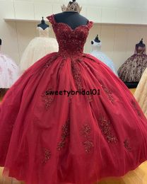 Burgundy Sweetheart Ball Gown Quinceanera Dresses For Vestido De 15 Anos Off The Shoulder Applique Cinderella Party Wear