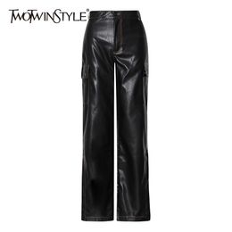 TWOTWINSTYLE Casual PU Leather Wide Leg Pants For Women High Waist Bottom Split Pocket Back Trouser Female Fashion Stylish 210517