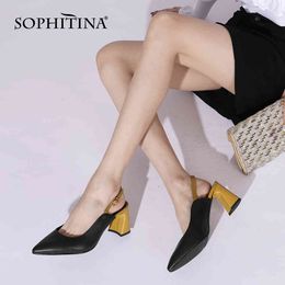 SOPHITINA Women Shoes Summer Slingback Pumps Pointed Toe Genuine Leather Square Heel Sheepskin Buckle Office Lady Shoes PC950 210513