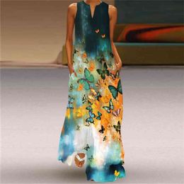 Summer Retro Print Maxi Dress V-Neck Multicolor Sexy Sleeveless Women Casual Loose With Pocket Large Size es 210517