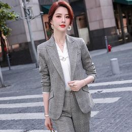 autumn and winter women's professional wear High quality two-piece suit pants Casual plaid ladies jacket Slim trousers 210527