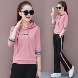 Autumn Plus Size Sets Womens Outfits Fashion Loose Long Sleeved Hooded Sweatshirt Two Piece Sportswear Green Clothes Yellow Pink Y0625