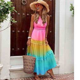 Women Dress V-neck Sleeveless Vintage Dresses Colour Matching Plus Slze Long Summer Clothes 210513