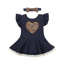 Girl's Dresses Infant Born Baby Girl Sleeve Dress And Headband Fashion Leopard Heart Embroidered A-line Princess 0-12M