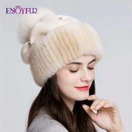 ENJOYFUR Mink fur knitted wool hats for women winter thick warm slouchy beanies female caps with pom 211229